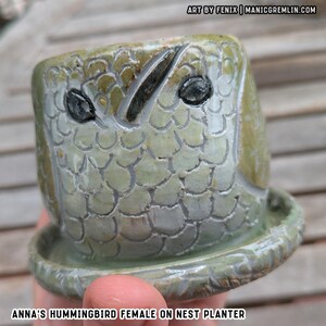 May include: A sage green ceramic planter shaped like a bird with carved feather textures, black eyes, and a pointed beak. The planter sits on a matching circular saucer. Text on the image reads: ART BY FENIX | MANICGREMLIN.COM ANNA'S HUMMINGBIRD FEMALE ON NEST PLANTER.
