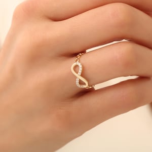 14k Yellow Gold Infinity Cubic Zirconia Ring, Women&#39;s Dainty Gold Infinity Ring, Real Yellow Gold Ring, Infinite Love Ring, Promise Ring