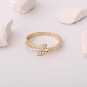 Solid 14K Gold Wrap Around Chain Ring, Curb Gold Ring, Statement Band for Women, Pave Diamond Cz Ring, Real Gold Spiral Band Ring