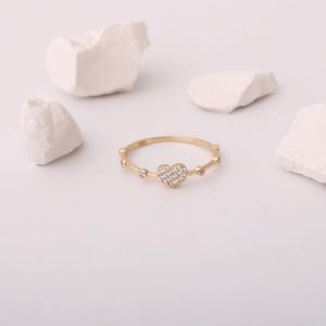 Solid Gold Heart Ring, 14k Gold Tiny Love Heart Ring for Women, Pave Diamond Cz Stacking Ring, Thin Love Gold Ring, Skinny Gold Ring