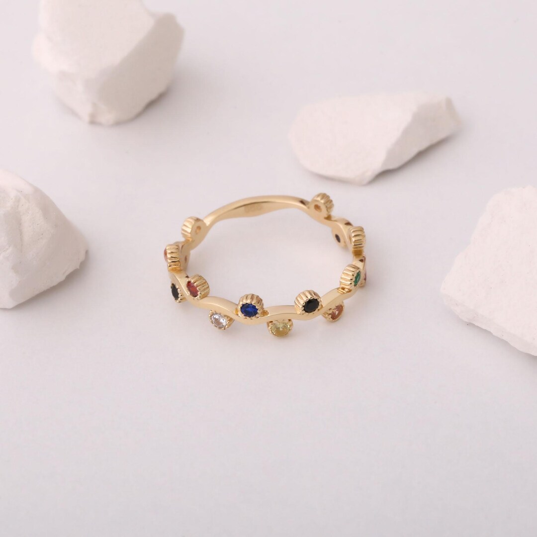 14k Solid Gold Multi Birthstone Ring, Stackable Family Ring - Etsy