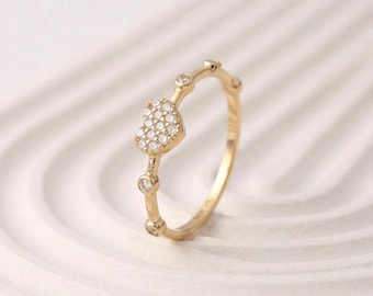 14k Solid Gold Heart Ring, Pave CZ Stacking Ring