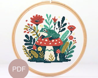 Toadstool Frog Cross Stitch Pattern: Modern Floral Design (PDF)