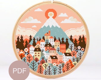 Mountain Village Cross Stitch Pattern: Modern Landscape Chart (PDF)