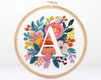 Summer Floral Monogram A-Z Alphabet Cross Stitch Patterns (PDF Download)