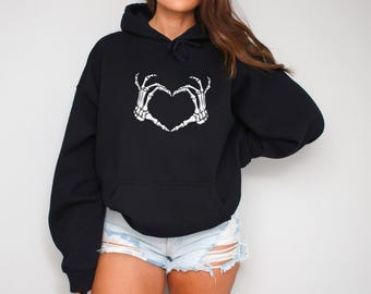 Skeleton Heart Hands Hoodie, Gothic Emo Pullover