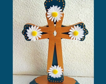 Golden Teal Floral Table Cross