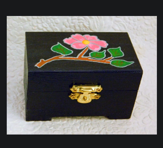 Wooden Jewelry Box Floral Stamped Metal Top Black Keepsake Trinket Box 