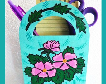 Magnetic Fridge Memo Holder, Magnetic  Memo Caddy, Notepad pencil and scissors, Pink Flowers, Desk Memo Caddy, Unique Gift