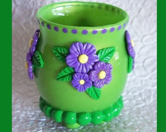 Flower Tealight Candle holder. Glass Votive, Polymer Clay Design, Polymer clay candle holder, Lime Green,