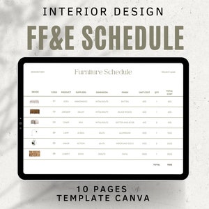 Interior Design Furniture, Fixtures and Finishes Schedule Template, Canva Template, FF&E Schedule Template