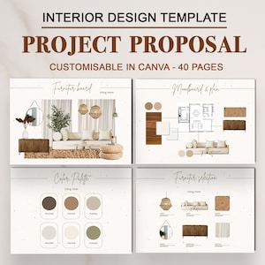 Interieurontwerpsjabloon, klantpresentatie voor interieurdecoratie, interieurontwerpproject, Canva-sjabloon, Moodboard-decoratie