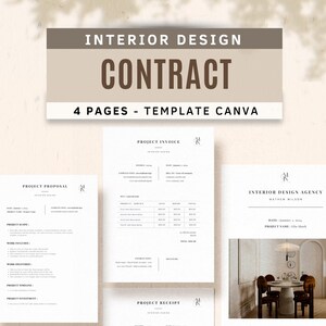 Pode incluir: Um modelo de contrato de design de interiores de quatro páginas para Canva. O modelo inclui uma proposta de projeto, uma fatura, um recibo e uma página com uma foto de uma sala de jantar.