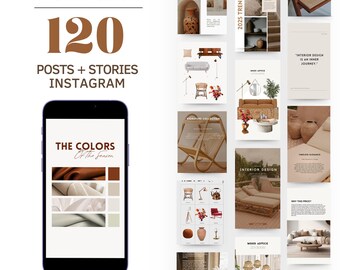 Puede incluir: Un smartphone muestra una paleta de diseño con el texto "THE COLORS Of the Season." La imagen promociona el diseño de interiores con el texto "INTERIOR DESIGN" y "120 POSTS + STORIES INSTAGRAM." Imágenes adicionales muestran tendencias de diseño de interiores.