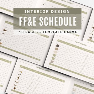 Peut inclure: Un ensemble de modèles d'intérieur imprimables pour les plannings FF&E. Les modèles sont conçus pour être utilisés avec Canva et comprennent des pages pour les meubles, la peinture, la quincaillerie et les sols. Les modèles sont de style minimaliste avec un schéma de couleurs vert et blanc.