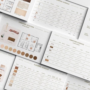 Interior Design Furniture, moodboard and FF&E, Interior design template, Fixture and Finishe Schedule Template, FFE Schedule Template Canva