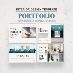 Pode incluir: Um modelo de portfólio para design de interiores, personalizável no Canva, com 20 páginas. O design inclui o texto "PORTFOLIO", "YOUR INTERIOR DESIGN", "OUR HISTORY" e "ABOUT US". O modelo apresenta imagens de espaços interiores.