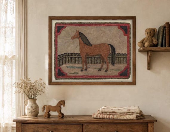 Antique Hooked Rug Horse Print, Folk Art Horse Wall Art, Vintage Equestrian Decor, Primitive Americana Print, Nursery Decor, 5x7 8x10 11x14