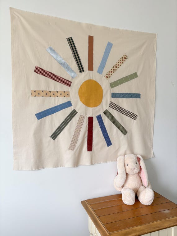 Cottagecore Sun Wall Hanging | Vintage Textile Nursery Decor | Handmade Heirloom Banner