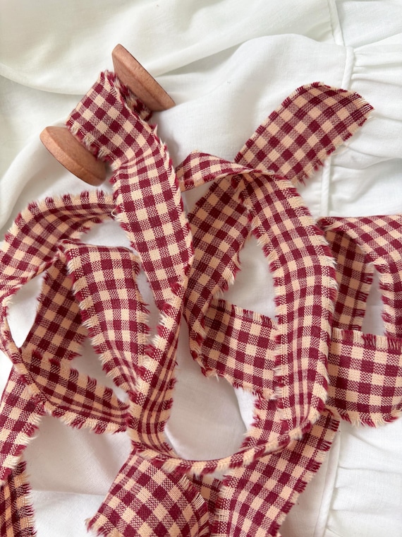 Red Gingham Fabric Ribbon – Hand Torn Cotton, Wooden Spool (1 Inch x 4 Yards)