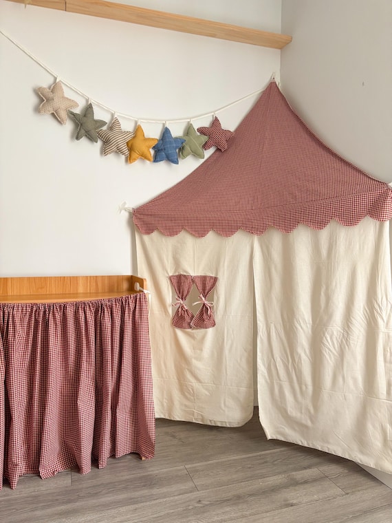 Vintage Inspired Gingham Corner Play Tent, Fabric Playhouse, Market Stand, Montessori Decor