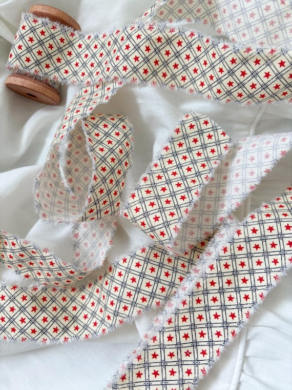 Red Star Cotton Ribbon – Hand Torn Frayed Edges, Wooden Spool (1" x 4 Yards)
