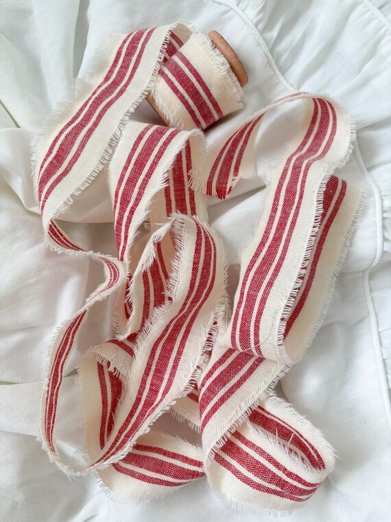 Red Stripe Cotton Ribbon – Hand Torn Frayed Edges, Wooden Spool (1" x 4 Yards)