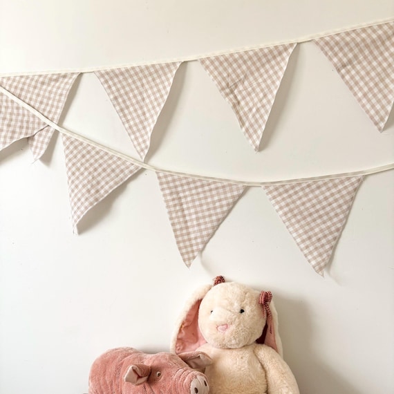 Handmade Cottagecore Bunting Garland | Vintage Fabric Nursery Decor | neutral gingham triangle banner