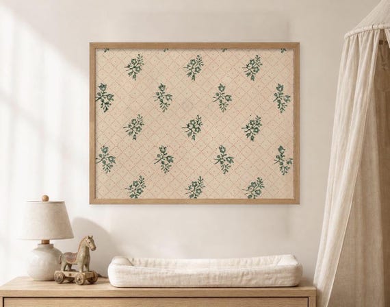 Vintage Floral Pattern Print, Green Sprig Block Print Wall Art, Antique Paper Pattern, French Country Decor, Cottagecore Print
