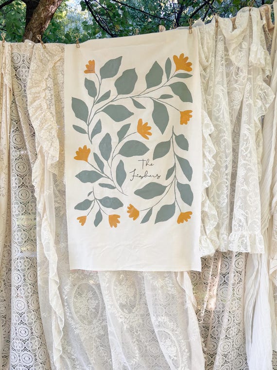 Hand Painted Custom Name Banner, Wedding Backdrop Sign, Family Name Wall Hanging, Personalized Fabric Banner, Boho Floral Tapestry