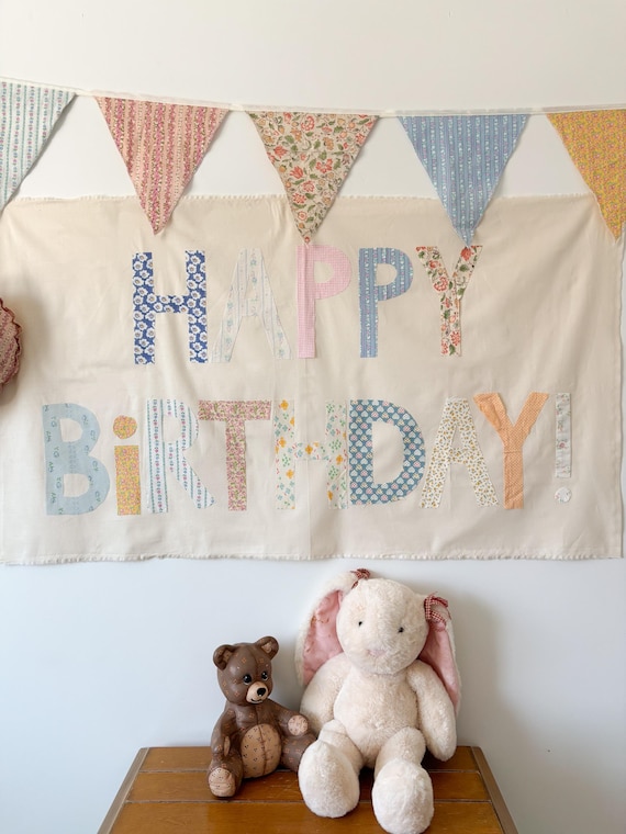 Fabric Happy Birthday Banner | Pink Floral Cottagecore Heirloom Party Decor