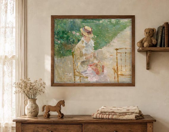 Berthe Morisot Print, Young Woman Knitting, Impressionist Garden Painting, French Vintage Wall Art, Feminine Floral Decor, 5x7 8x10 11x14