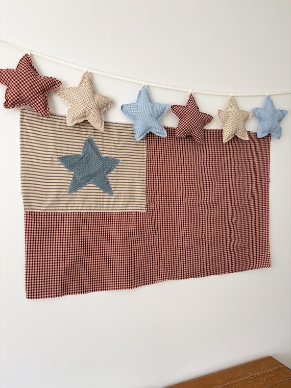 Patchwork Americana Flag | Vintage Fabric Textile Wall Hanging, Cottagecore Decor