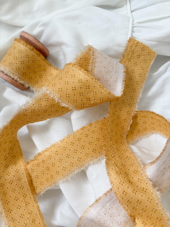 Yellow Cotton Ribbon – Hand Torn Frayed Edges, Wooden Spool (1" x 4 Yards)