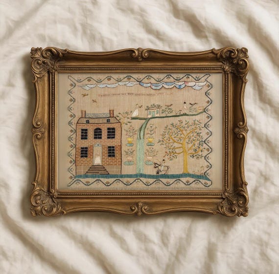 Antique Needlework Sampler Print, Vintage Embroidery Wall Art, Colonial House Sampler, Folk Art Print, Cottagecore Decor, 5x7 8x10 11x14
