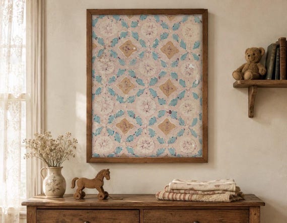 Vintage Tile Pattern Print, Turquoise and Blush Block Print Wall Art, Antique Paper Pattern, Mediterranean Decor, Boho Floral Print