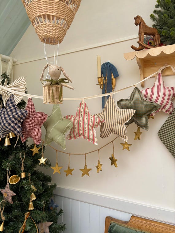 Christmas Handmade Cottagecore Star Garland | Vintage Fabric Holiday Decor