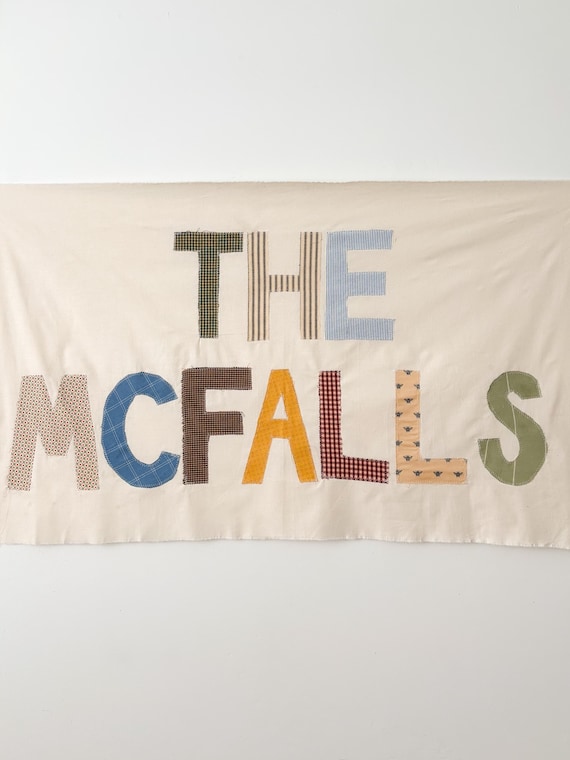 Custom Patchwork Name Banner | Heirloom Fabric Wall Hanging, Cottagecore Wedding Sign
