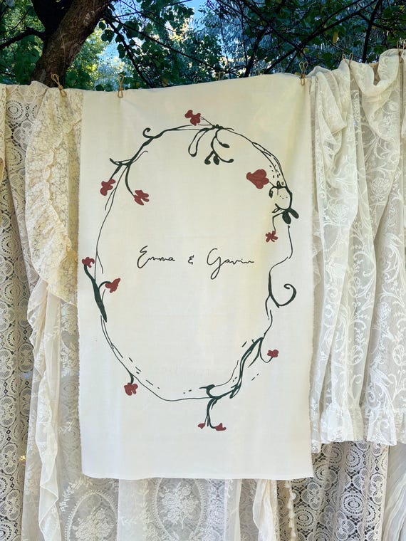 Hand Painted Custom Name Banner, Wedding Backdrop Sign, Family Name Wall Hanging, Personalized Fabric Banner, Boho Floral Tapestry