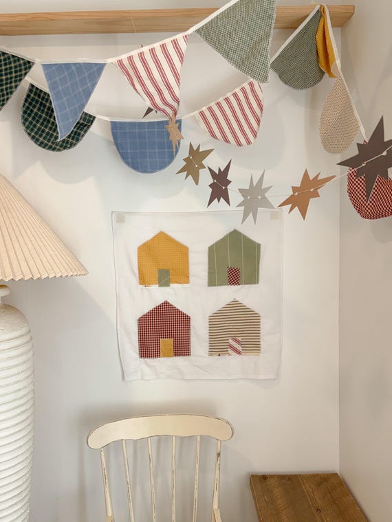 Handmade Cottagecore House Wall Hanging | Vintage Muted Fabric Nursery Decor