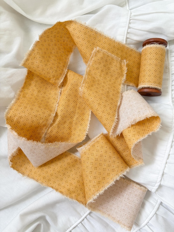 Yellow Cotton Fabric Ribbon – Hand Torn Frayed Edges, Wooden Spool – Cottagecore Wedding Styling