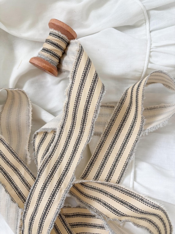 Hand Torn Striped Cotton Ribbon – 1 Inch Wide, 4 Yards on Spool
