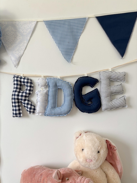 Stuffed Fabric Name Banner | Cottagecore Nursery Decor, Heirloom Playroom Garland | blue boy bedroom decor