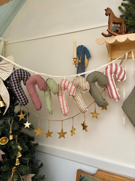 Christmas Handmade Cottagecore Candy Cane Garland | Vintage Fabric Holiday Decor | Christmas banner home decor