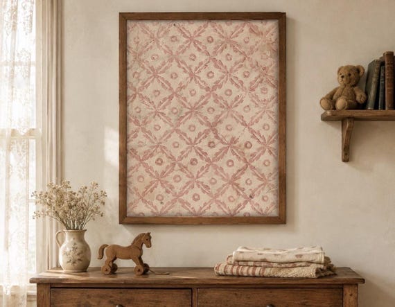 Vintage Lattice Pattern Print, Dusty Rose Block Print Wall Art, Antique Paper Pattern, Terracotta Pink Decor, French Country Print, 5x7 8x10