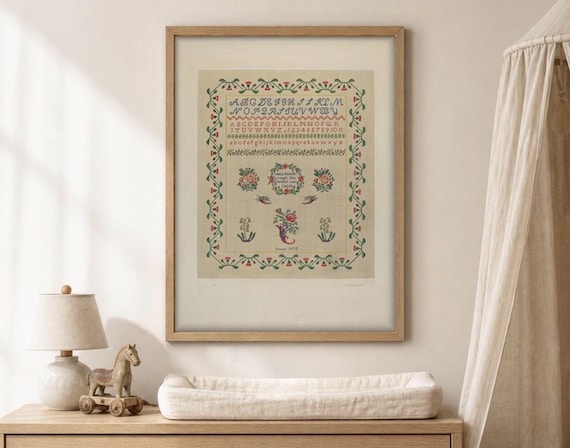 Antique Alphabet Sampler Print, Mary Smith 1830s Needlework Art, Cross Stitch Wall Art, Floral Nursery Decor, Vintage Classroom Art, 5x7 8x1