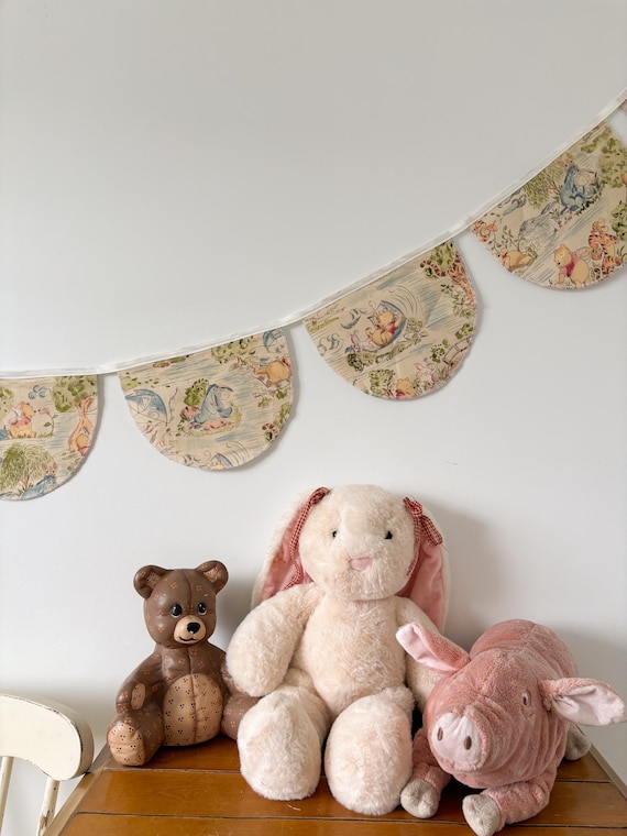 Handmade Cottagecore Disney Pooh Bear Bunting Garland | Scalloped Vintage Fabric Nursery Decor