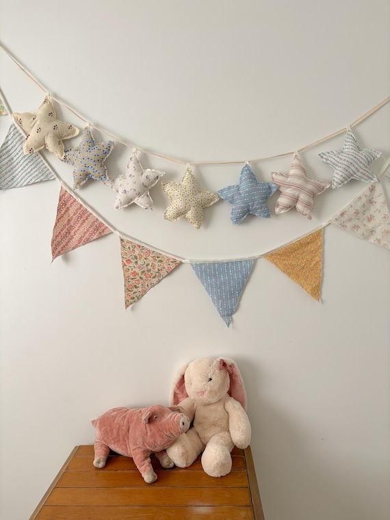 Handmade Cottagecore Bunting Garland | Vintage Fabric Nursery Decor | Pink Floral Girls Room Decor
