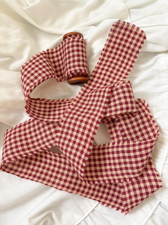 Red Gingham Fabric Ribbon – Hand Torn Cotton, Wooden Spool (2" x 4 Yards)