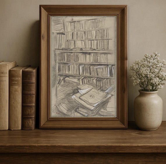 Edgar Degas Bookshelf Sketch Print, Vintage Library Art, Book Lover Gift, Charcoal Drawing Wall Art, Dark Academia Decor, 5x7 8x10 11x14